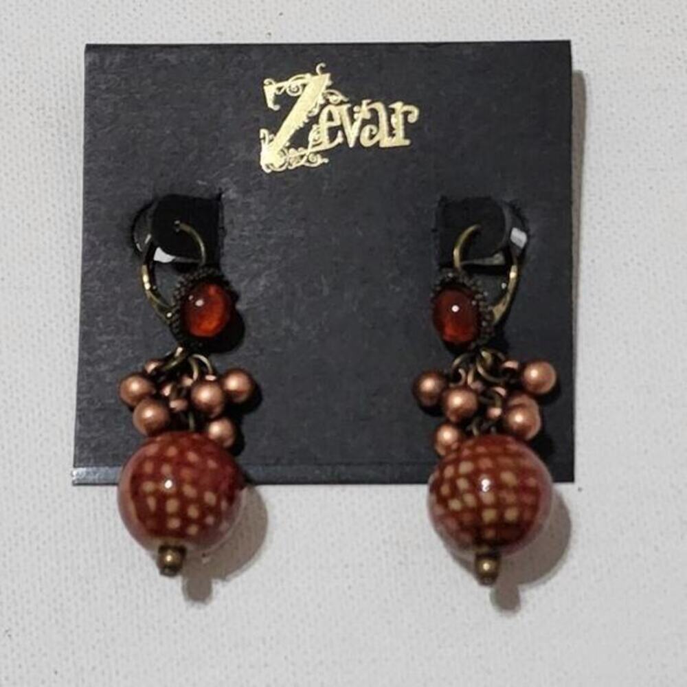 Treska‎ Zevar Bohemian Orange Copper Spotted Bead Drop Leverback Earrings Brass